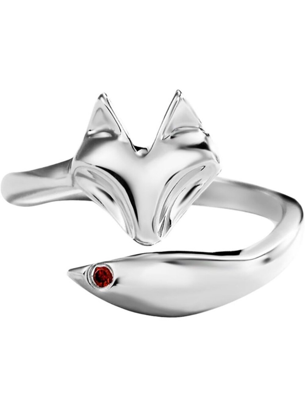 Sterling Silver Fox Tail Open Ring with Red Cubic Zirconia - Elegant Gift for